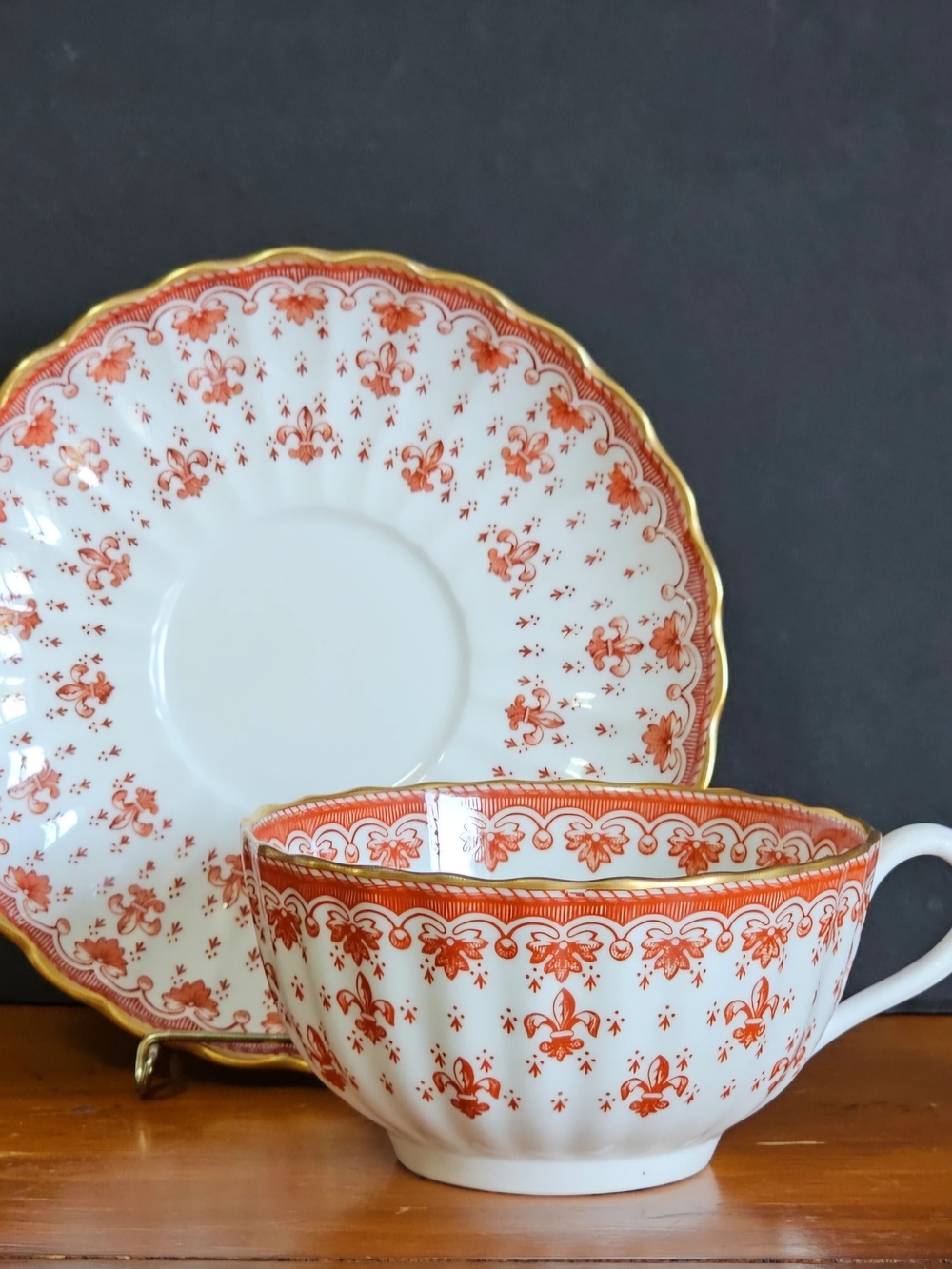 Elegant SPODE France Red Fleure De Lis Tea Cup and Saucer Duo Classic Porcelain